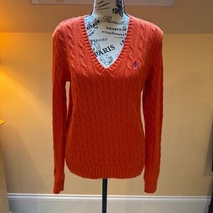 Ralph Lauren Orange Cableknit V Neck Cotton Sweater